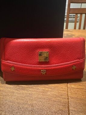 MCM Red Pebbled Leather Continental Wallet with Gold Hardware